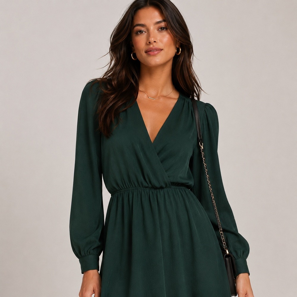 Express Women's XS Hunter Green Long Sleeve Dress Button Sleeve Tailored‎ Satin